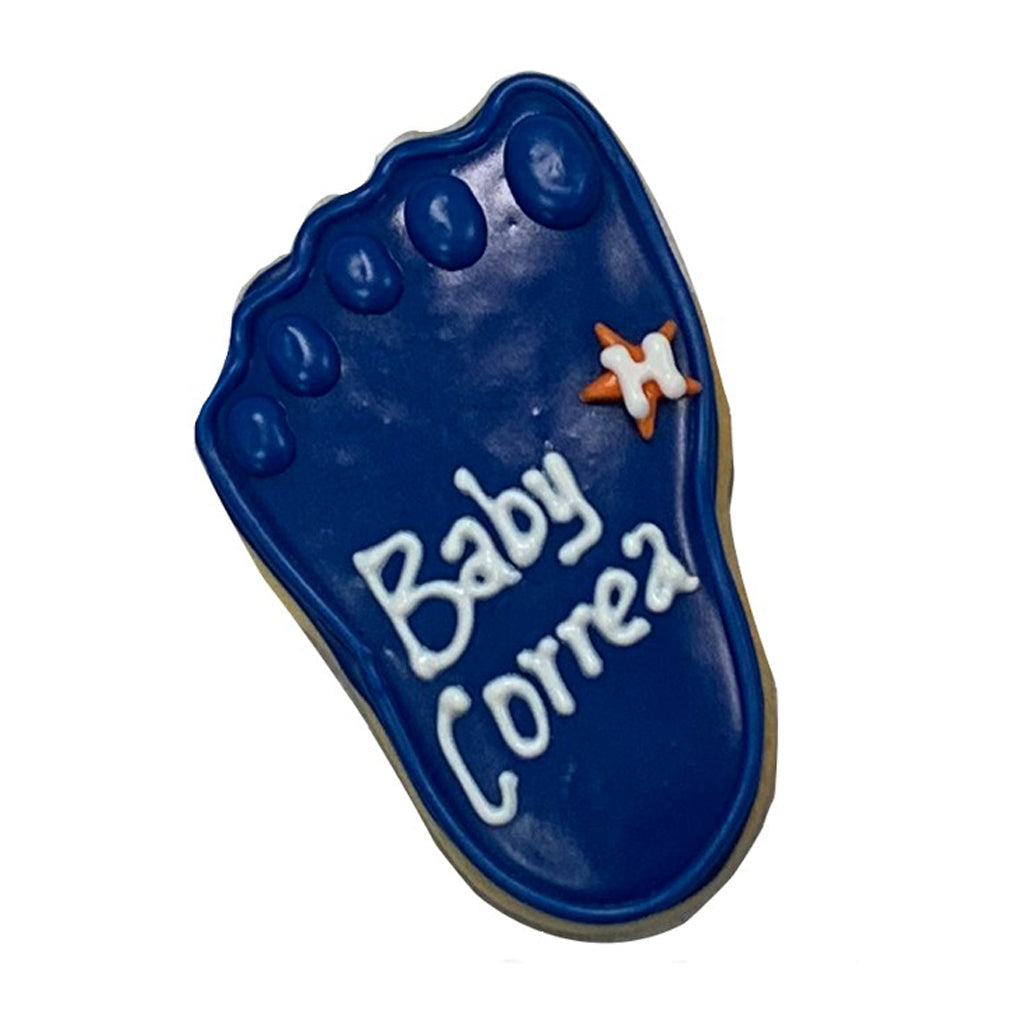 Astros Baby Foot cookie with blue icing and white lettering.