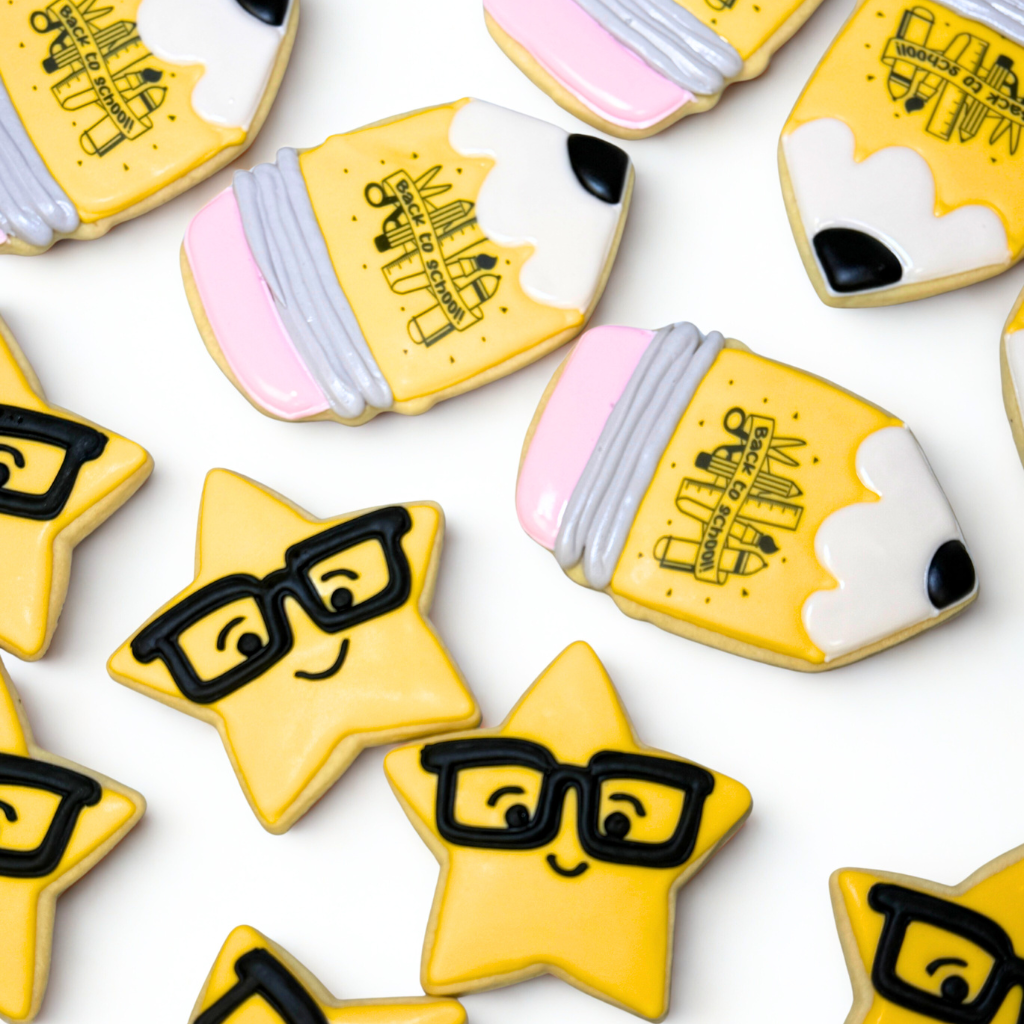 Assorted Back to School cookies shaped like pencils and stars
