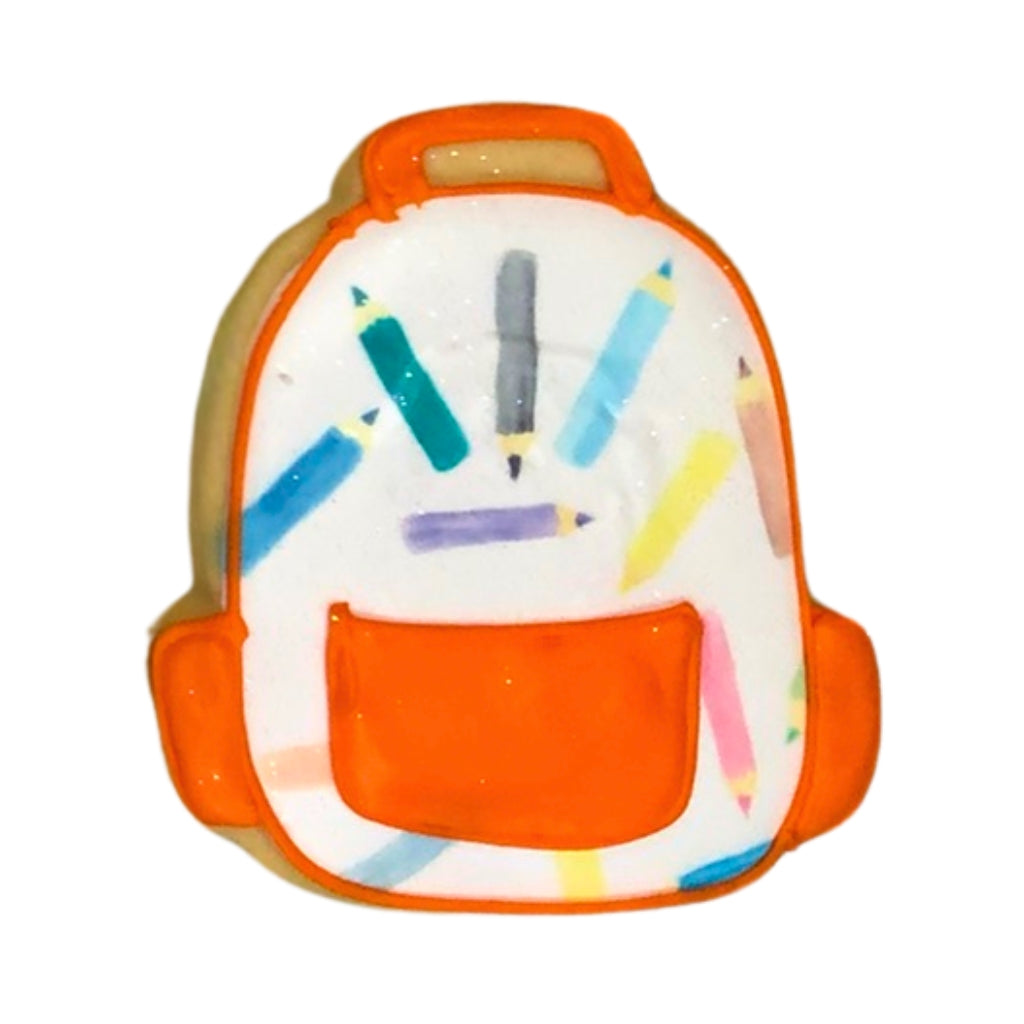 Back to school backpack cookie decorated with colorful pencils