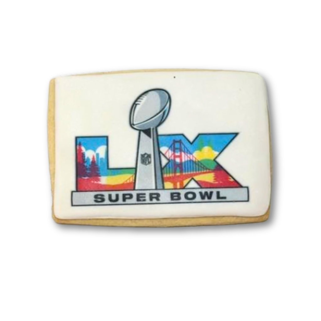 Bunny Bowl cookie with Super Bowl LX logo icing