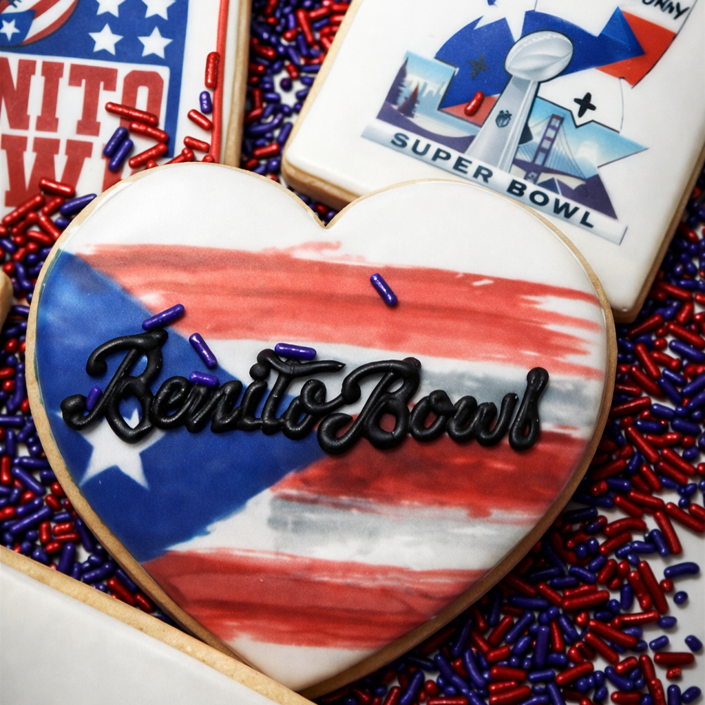 Bunny Bowl heart-shaped cookie with Puerto Rican flag design