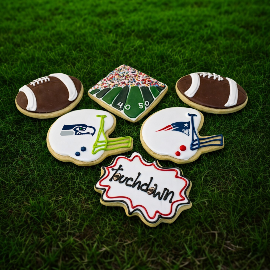 Super Bowl 2026 assorted butter cookies on green turf.