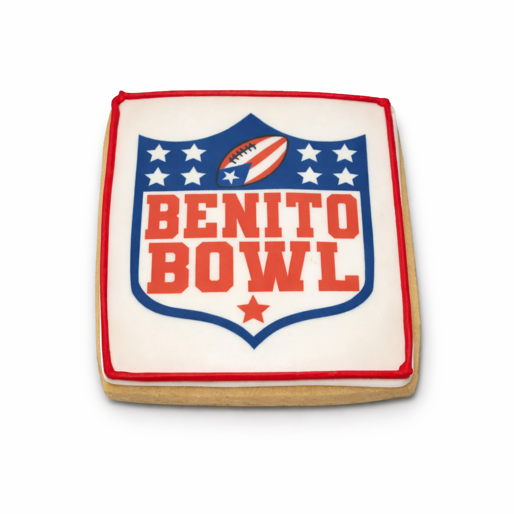 Bunny Bowl cookie with a red, white, and blue football logo.