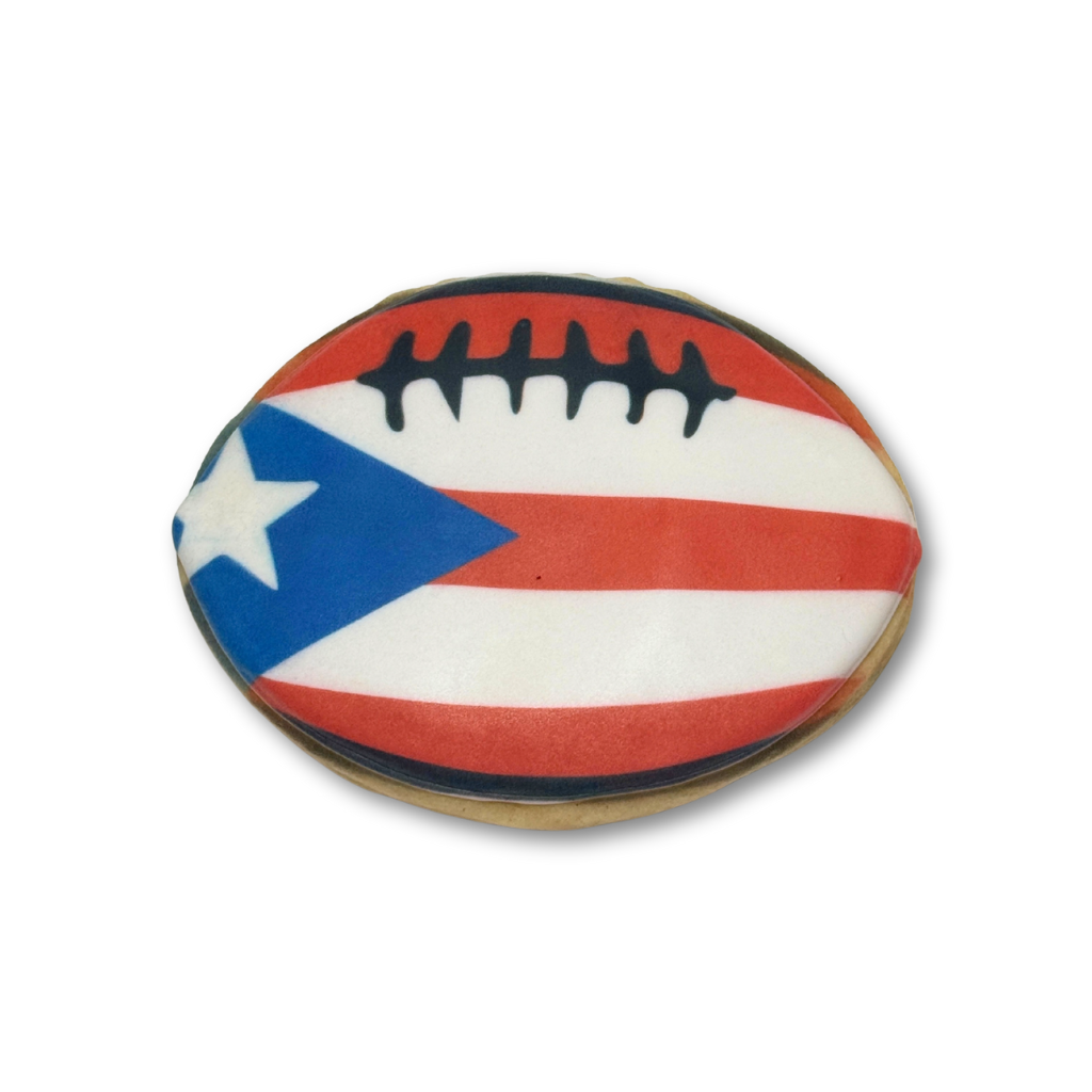 Bunny Bowl cookie shaped like a football with Puerto Rico flag.