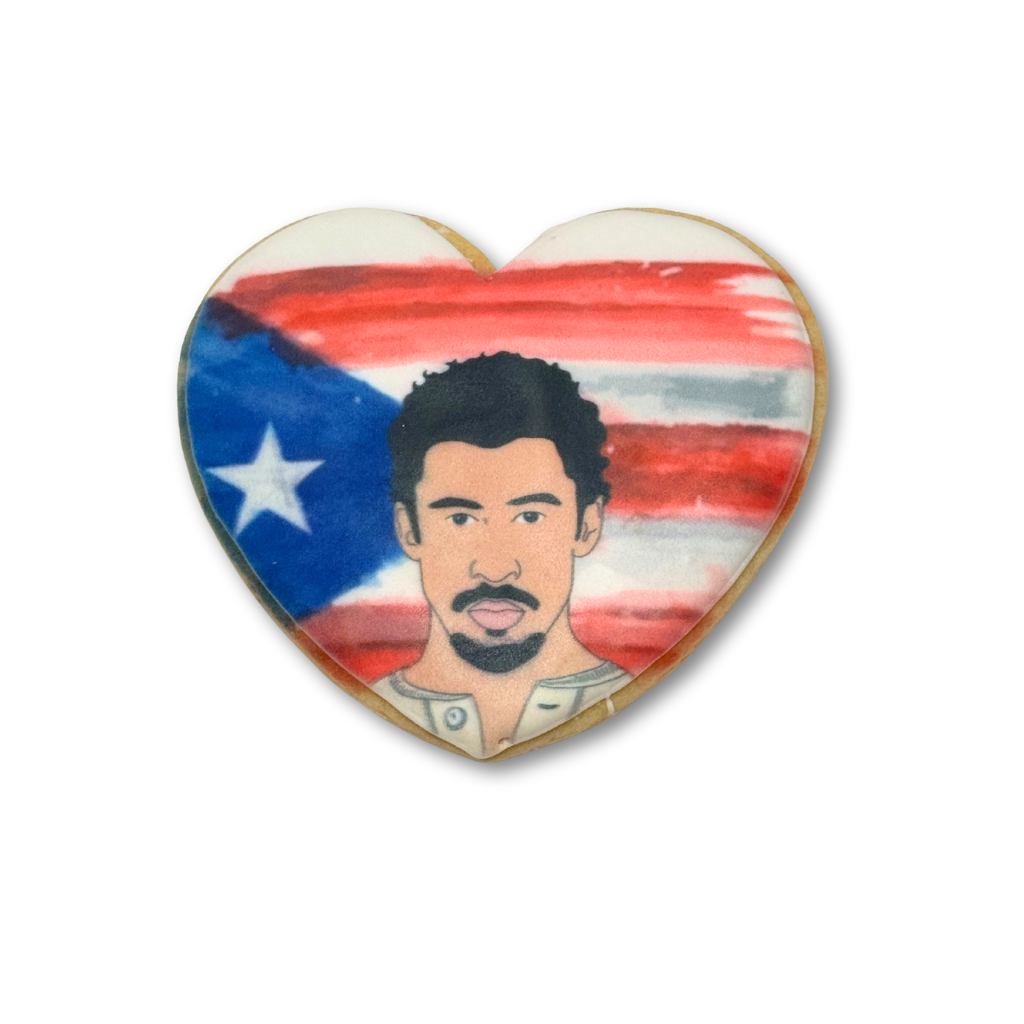 Heart-shaped Bunny Bowl cookie with a portrait and Puerto Rican flag.