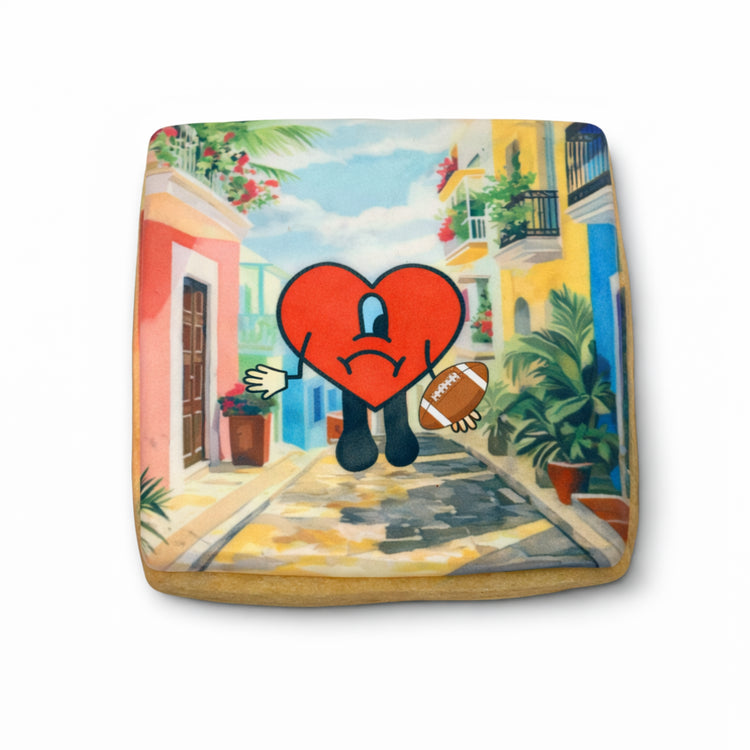 Bunny Bowl cookie featuring a sad heart character with a football.