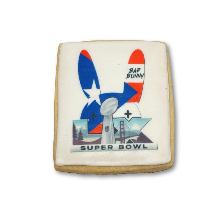 Bunny Bowl cookie with Bad Bunny and Super Bowl graphic.