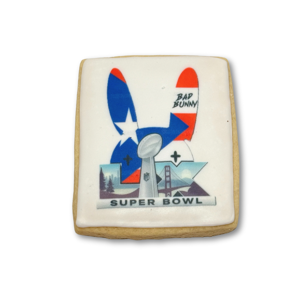 Bunny Bowl cookie with Bad Bunny and Super Bowl graphic.