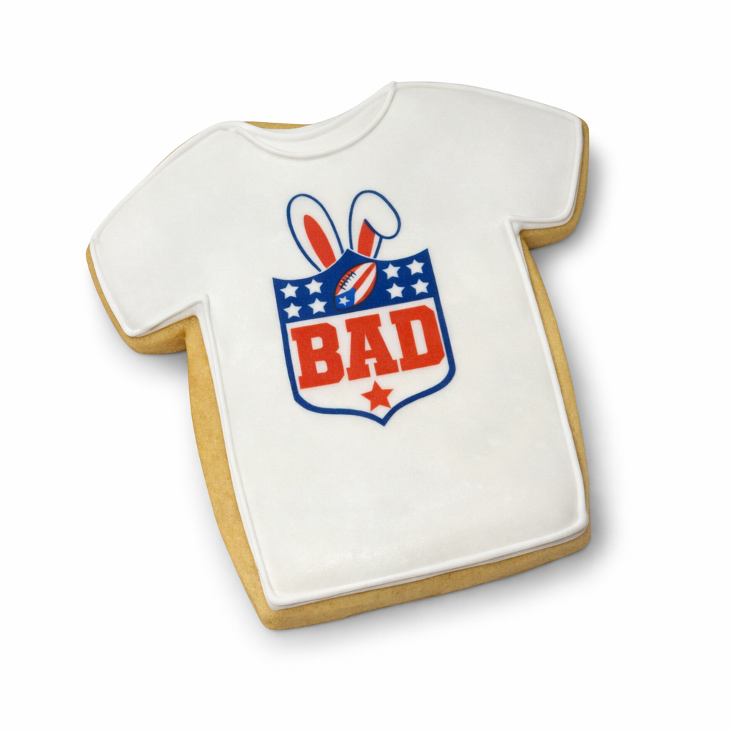 Bunny Bowl cookie shaped like a t-shirt with a sports logo.