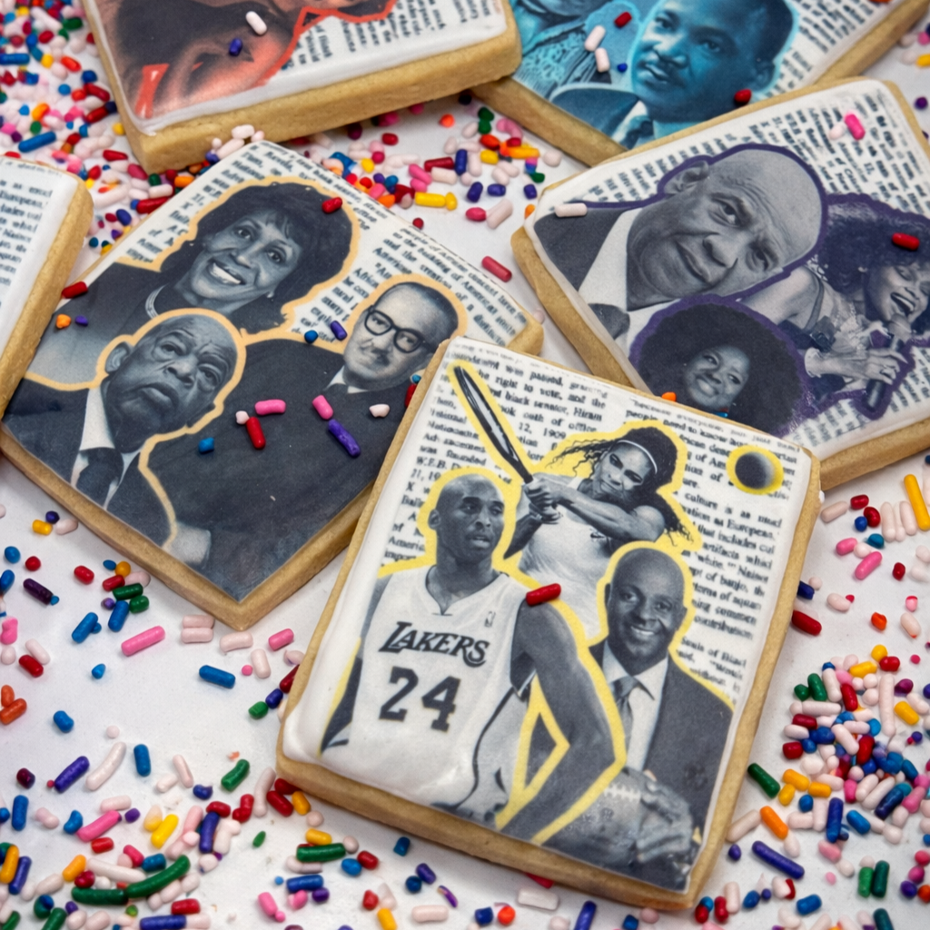 Icons Cookie Collection with printed portraits and sprinkles.