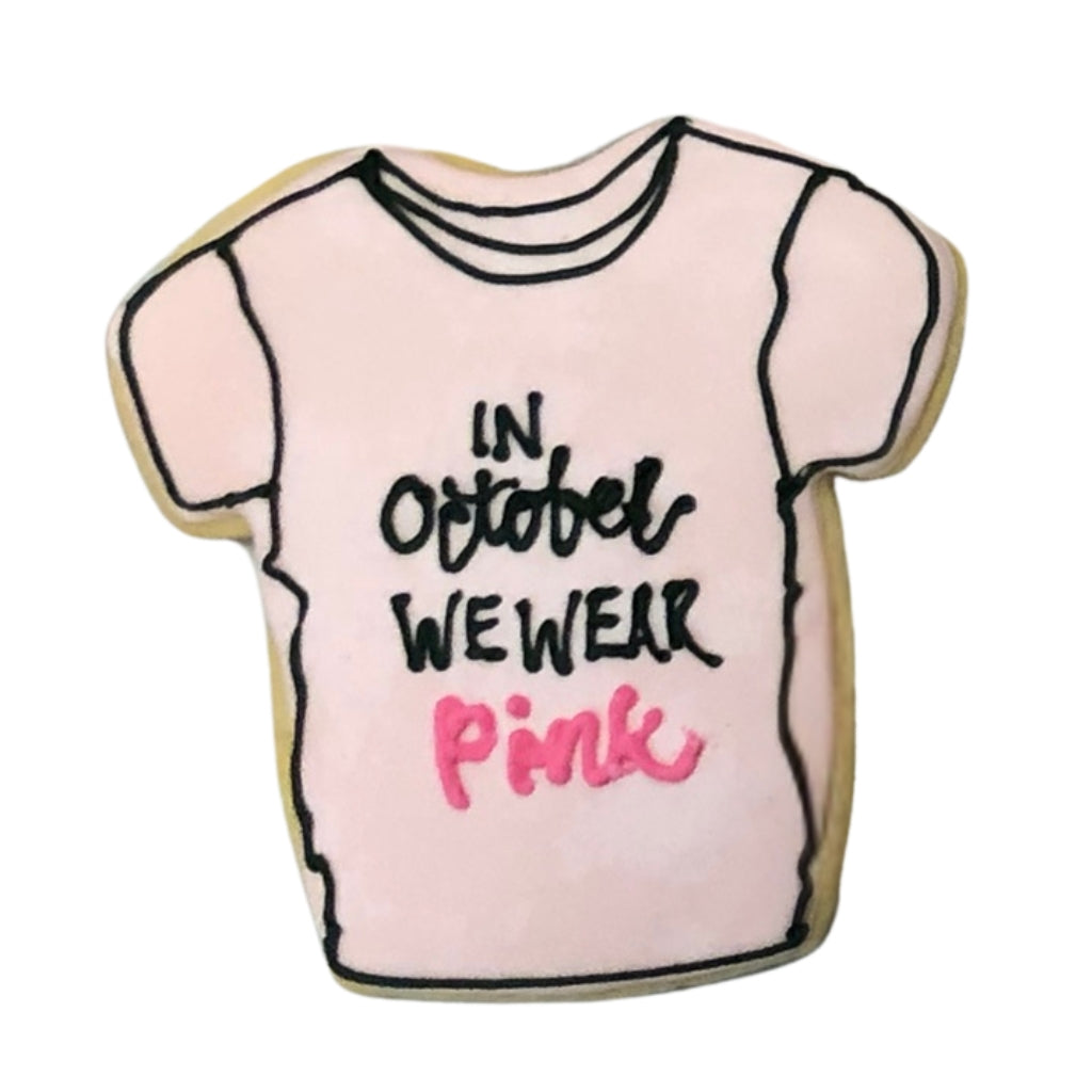 Breast Cancer Awareness cookie shaped like a pink t-shirt.