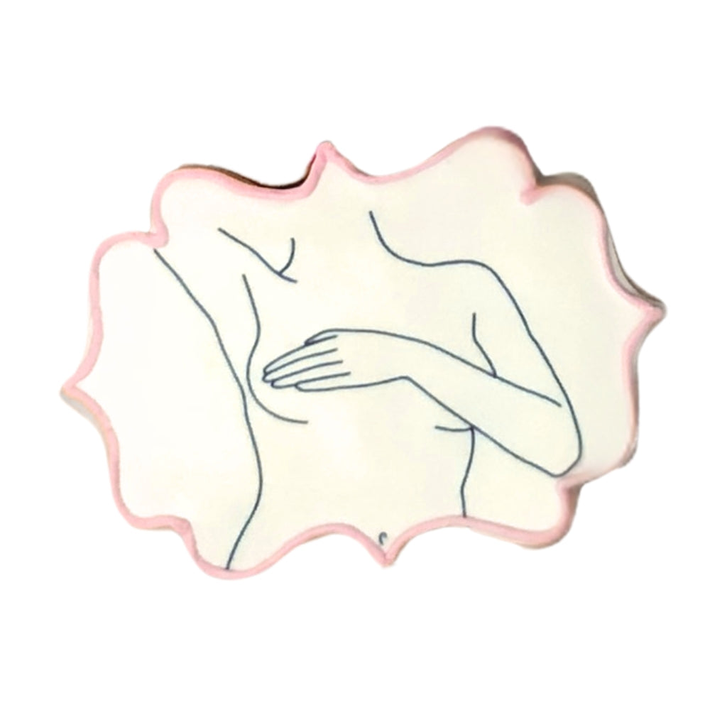 Breast Cancer Awareness cookie with pink outline and line art.