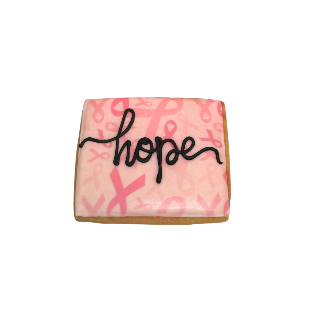 Square Breast Cancer Awareness cookie with pink ribbons and hope.