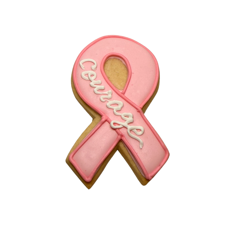 Pink ribbon Breast Cancer Awareness cookie with Courage text.