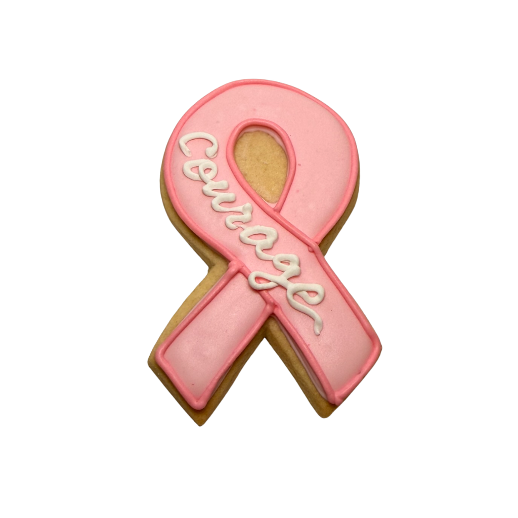 Pink ribbon Breast Cancer Awareness cookie with Courage text.