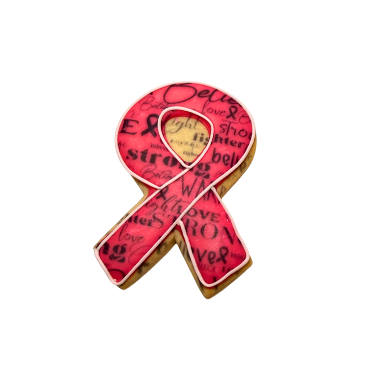 Breast Cancer Awareness cookie with pink ribbon and text.