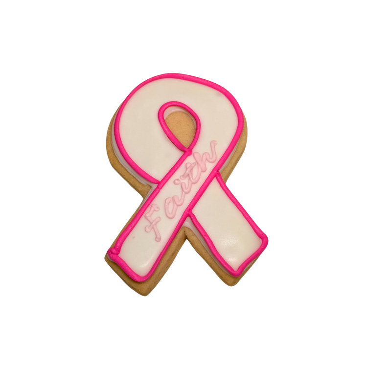 Breast Cancer Awareness cookie shaped like a pink ribbon.