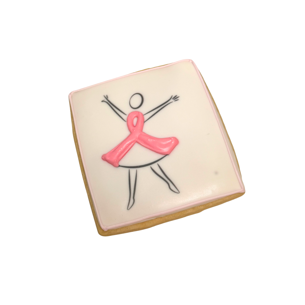 Square Breast Cancer Awareness cookie with pink ribbon design.