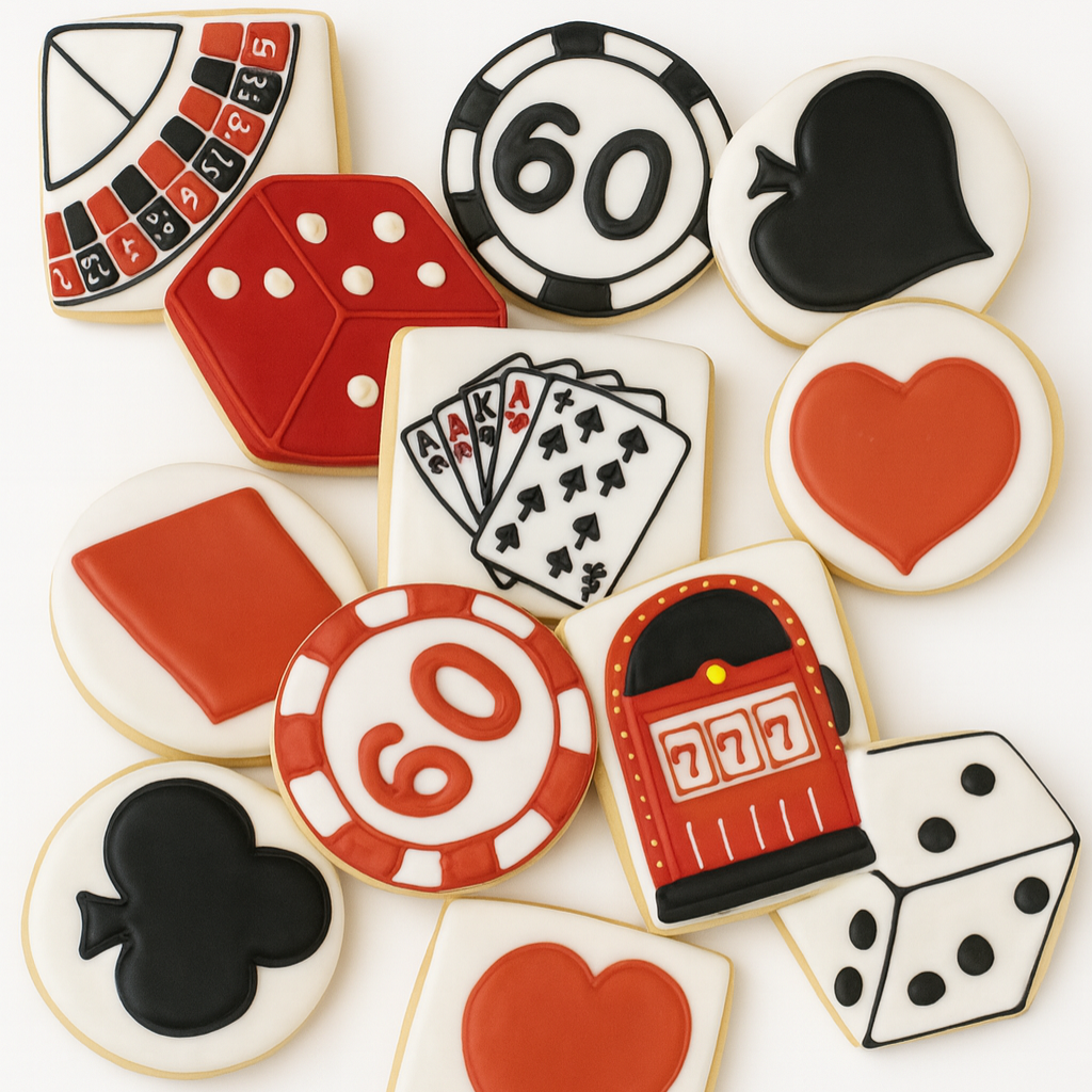 Casino Cookies featuring colorful icing designs of gambling icons.