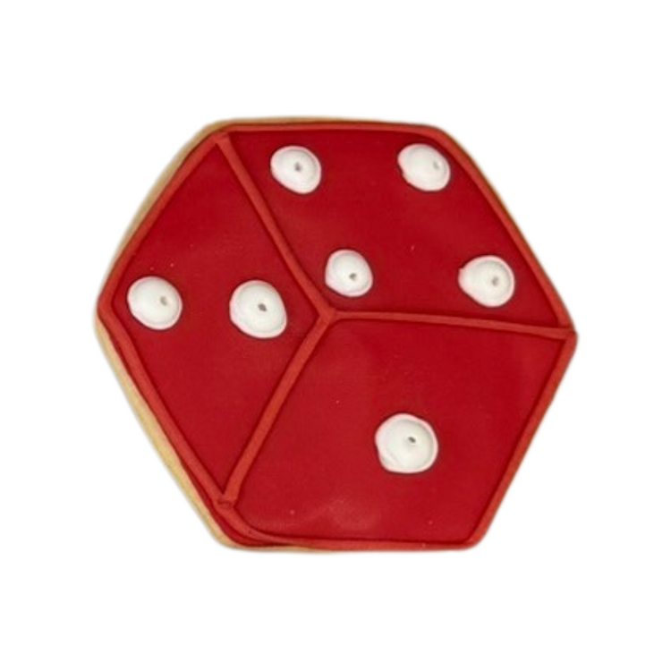 Casino Cookies shaped like a red die with white icing dots.