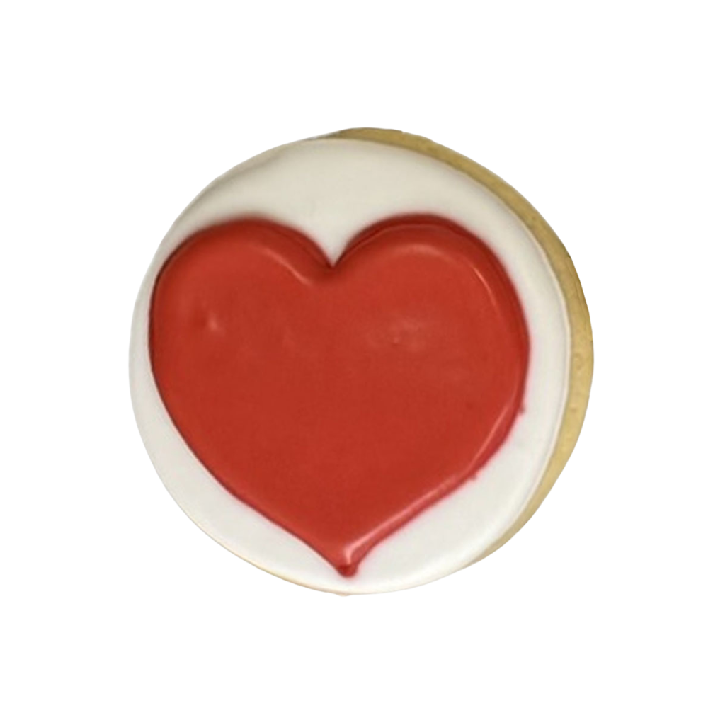 Casino Cookie with white icing and a red heart design.