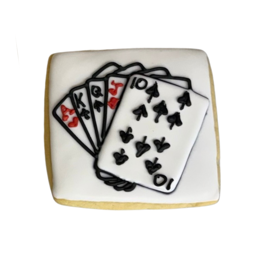Casino Cookies featuring a hand of playing cards icing.