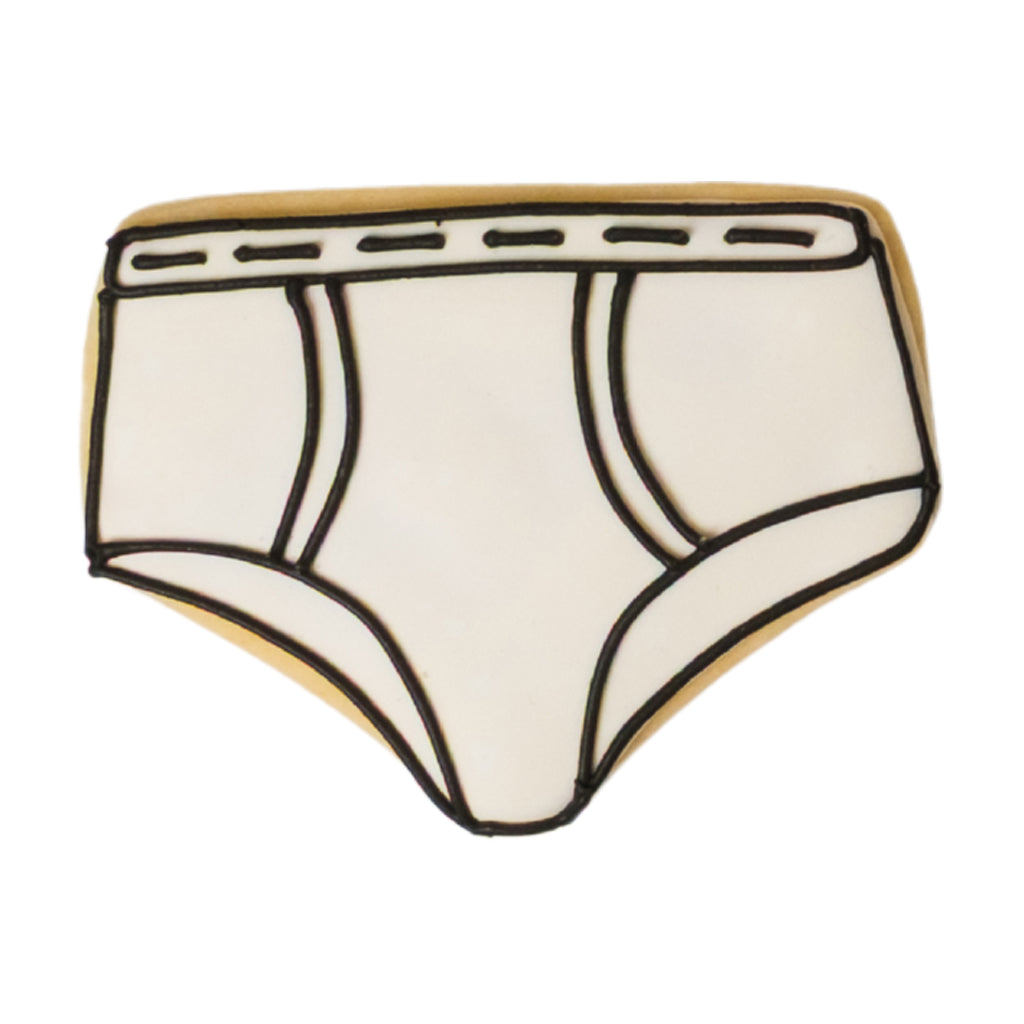 Underwear-shaped sugar cookie with white icing and black piping.