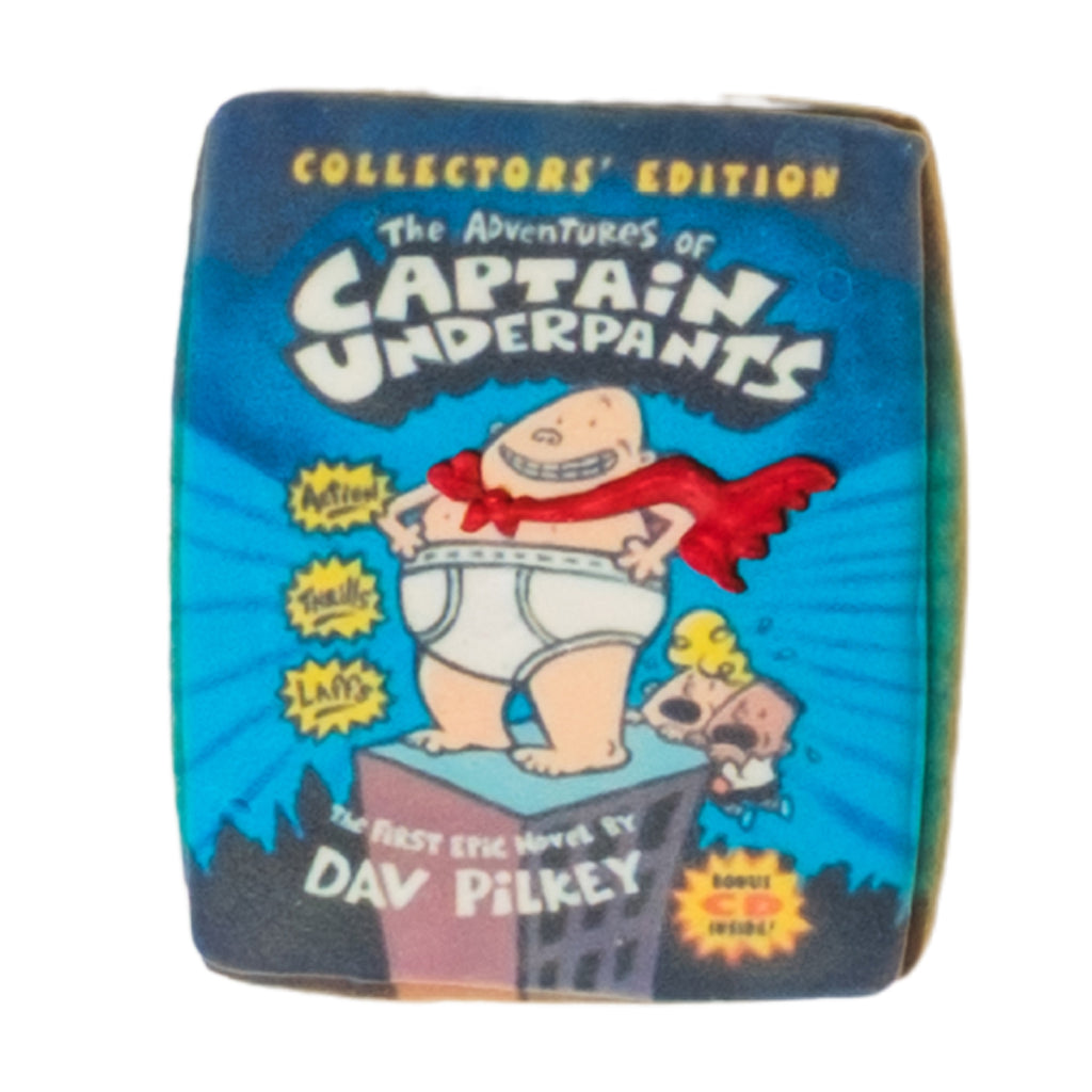 Captain Underpants book cover cookie with blue icing.