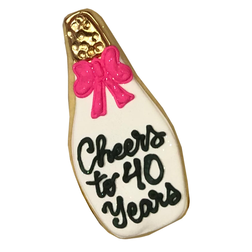 Champagne Bottle #2 cookie with pink bow and 40th text
