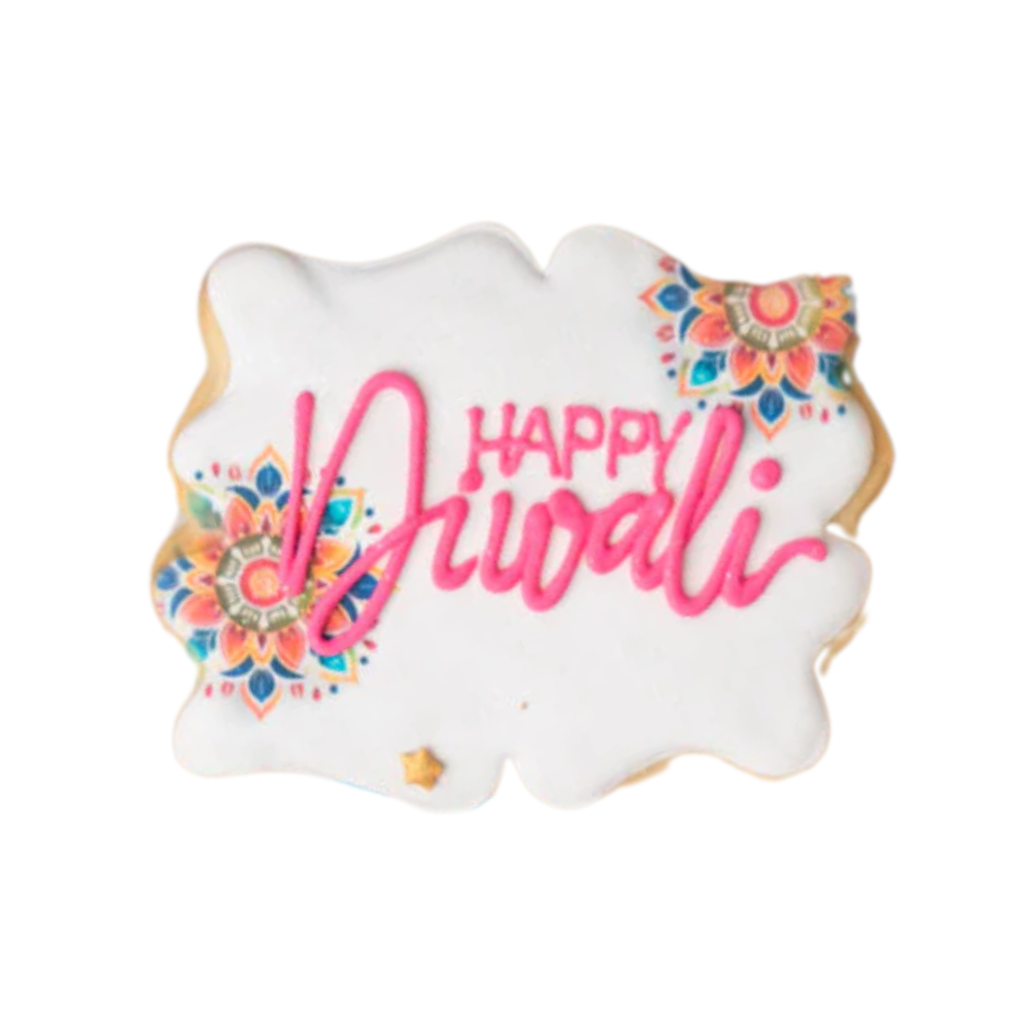 Happy Diwali cookie with pink icing and colorful mandala art.