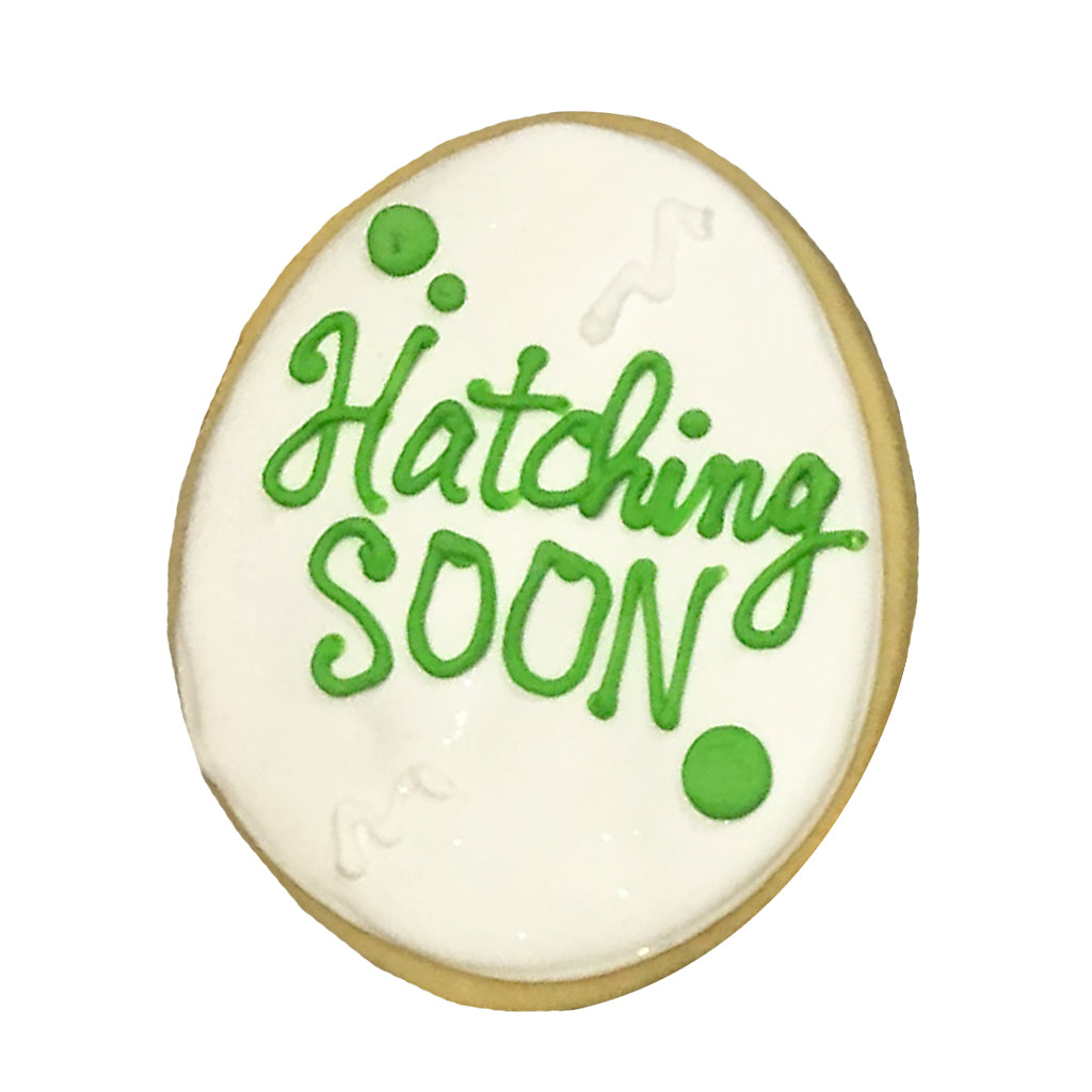 Dino Egg cookie with white icing and green Hatching Soon text.