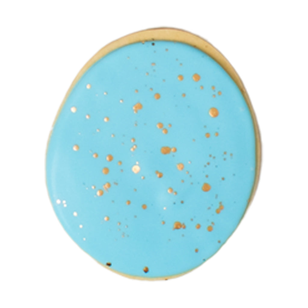Easter butter cookie with blue icing and gold speckles.