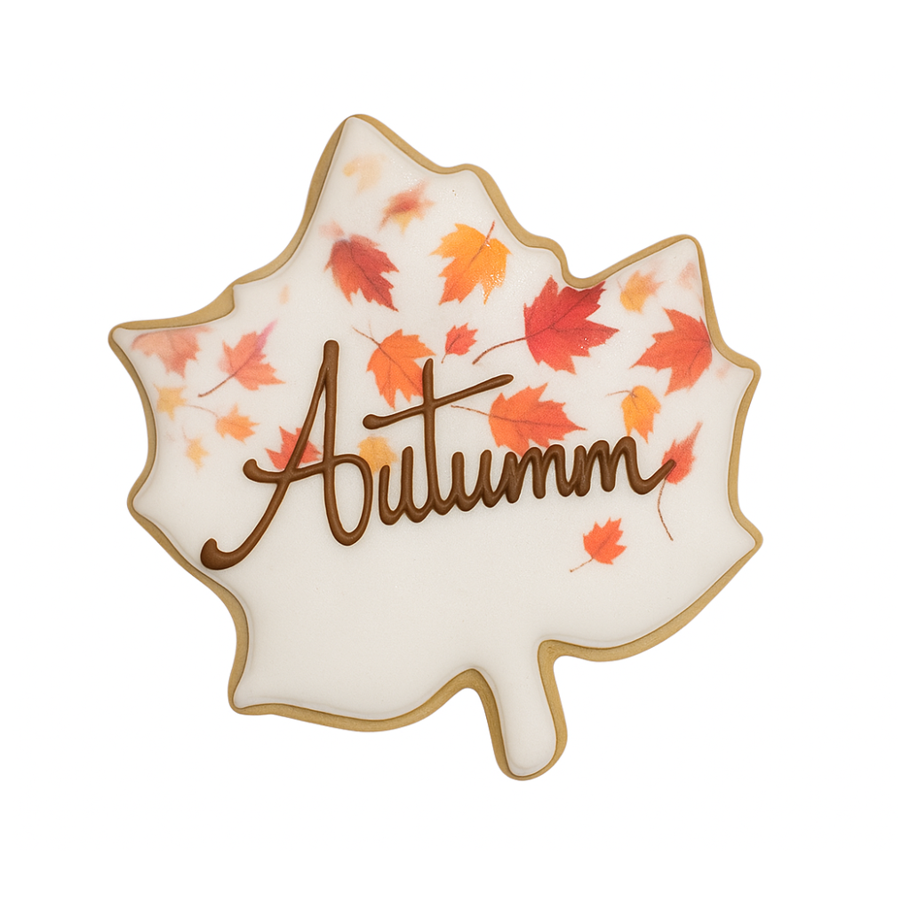 Fall leaf-shaped cookie with Autumn text and orange foliage.
