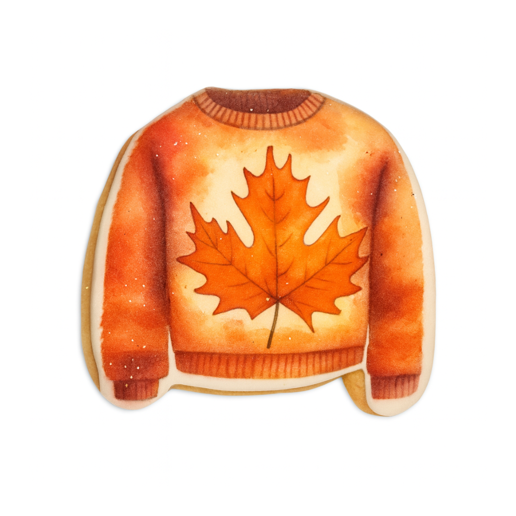 Fall sweater cookie with an orange maple leaf design.