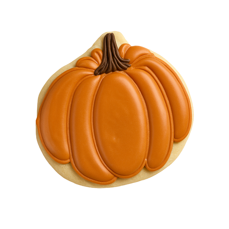 Fall pumpkin cookie with orange icing and brown stem