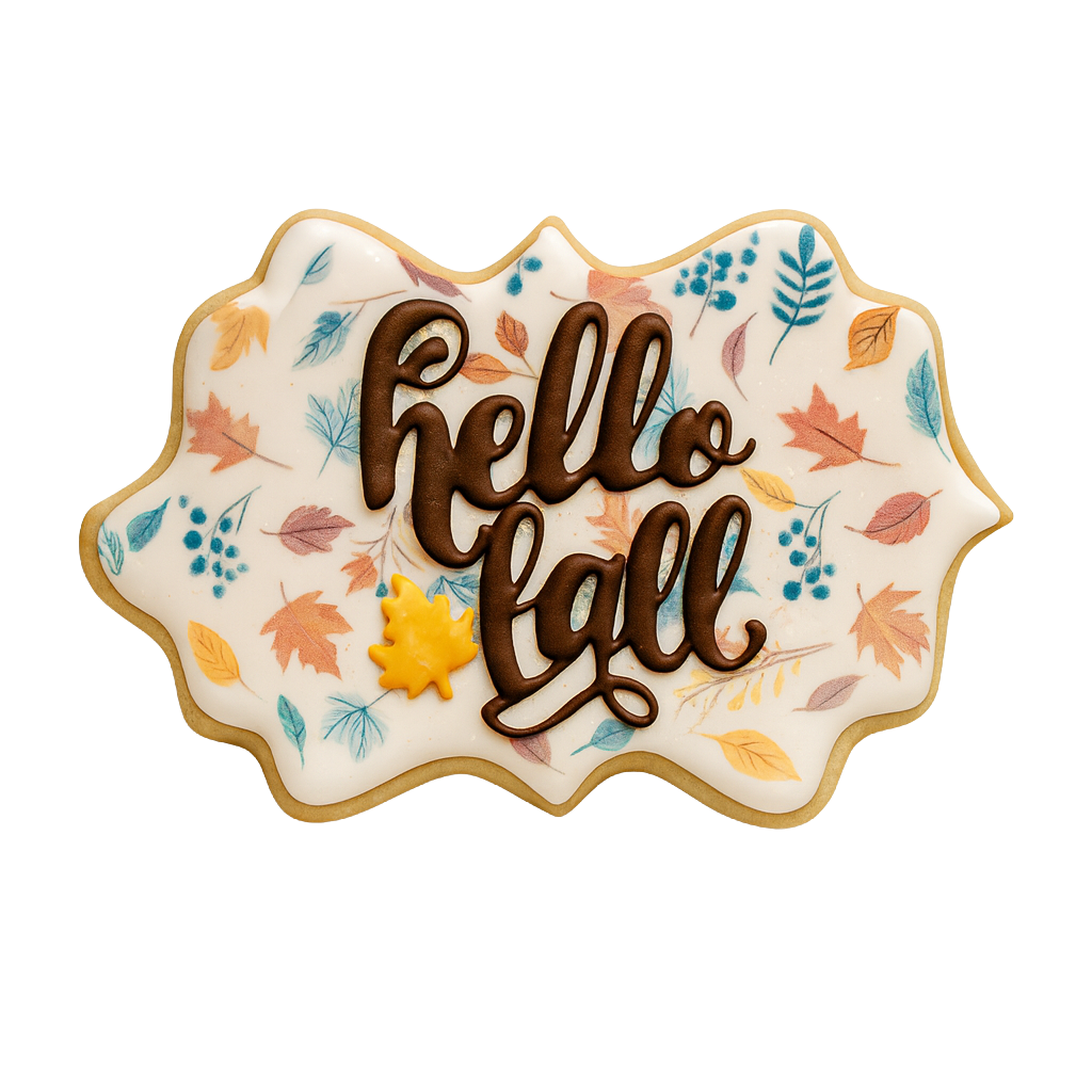 Hello Fall cookie with colorful leaf pattern and icing.