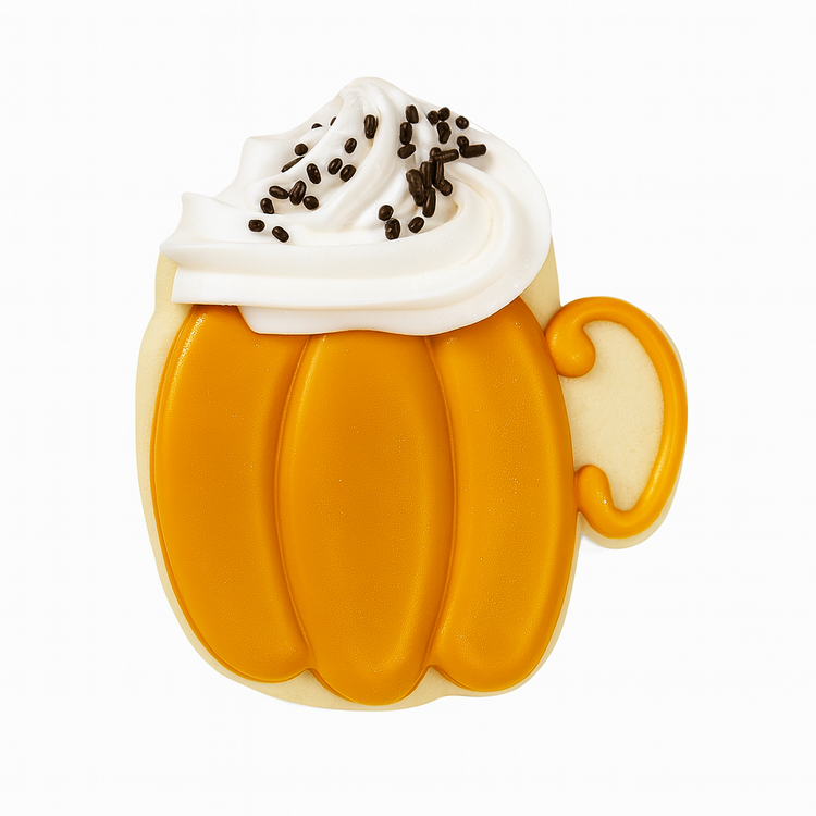 Fall cookie shaped like a pumpkin mug with white icing.