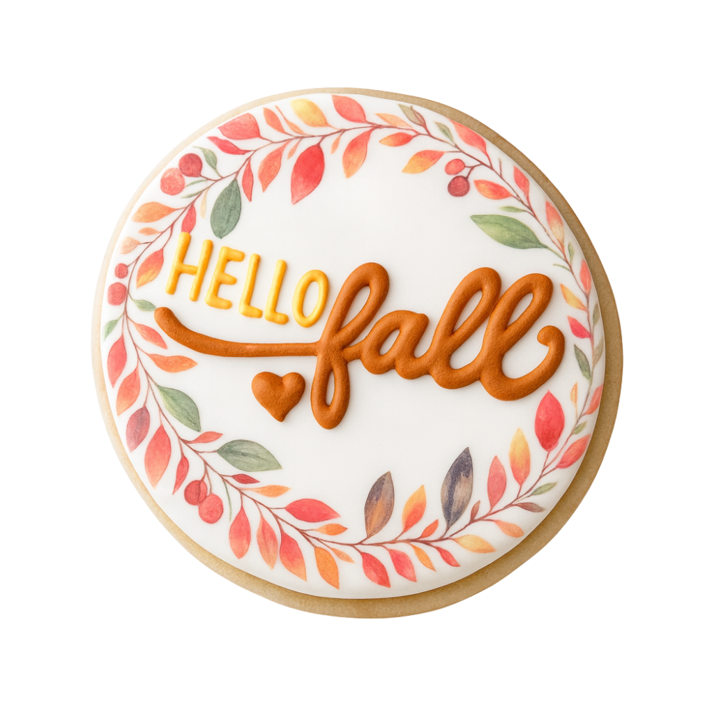 Fall cookie with Hello Fall text and autumn leaf border.