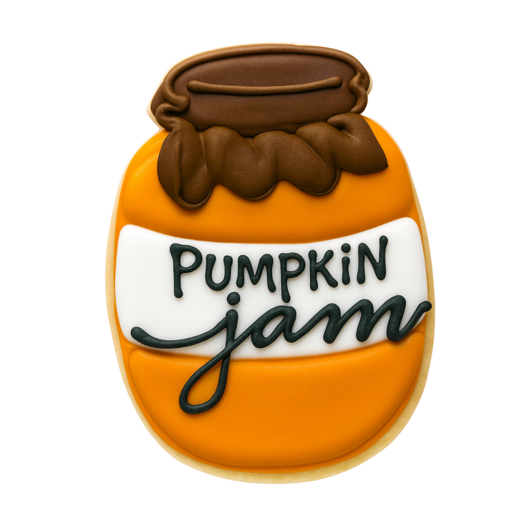 Fall cookie shaped like a jar of pumpkin jam with orange icing.