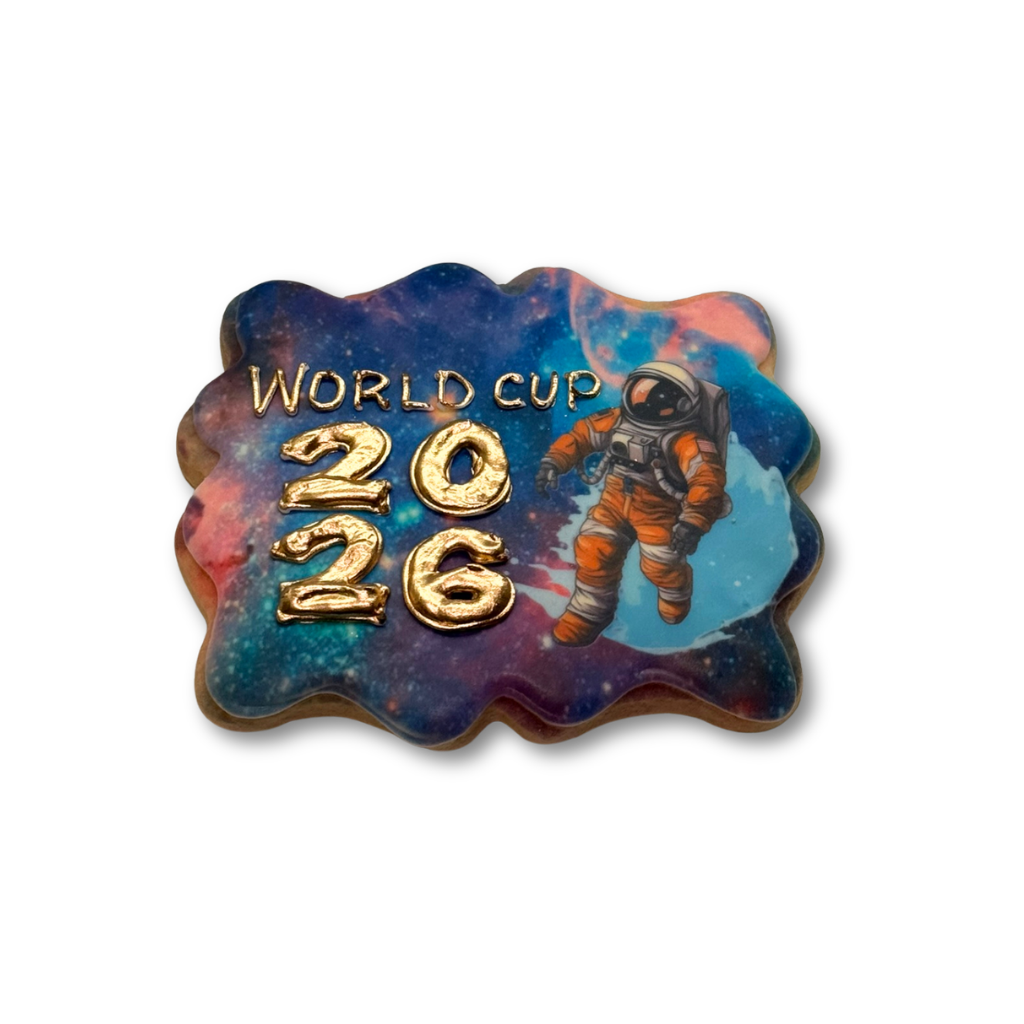 World Cup 2026 cookie with galaxy print and astronaut design.