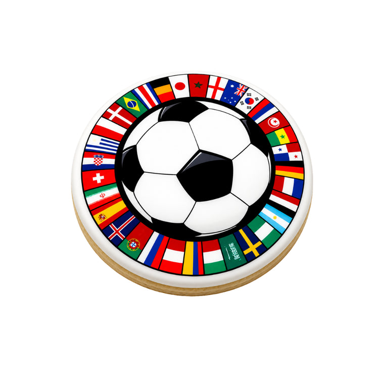 World Cup cookie featuring a soccer ball and national flags.