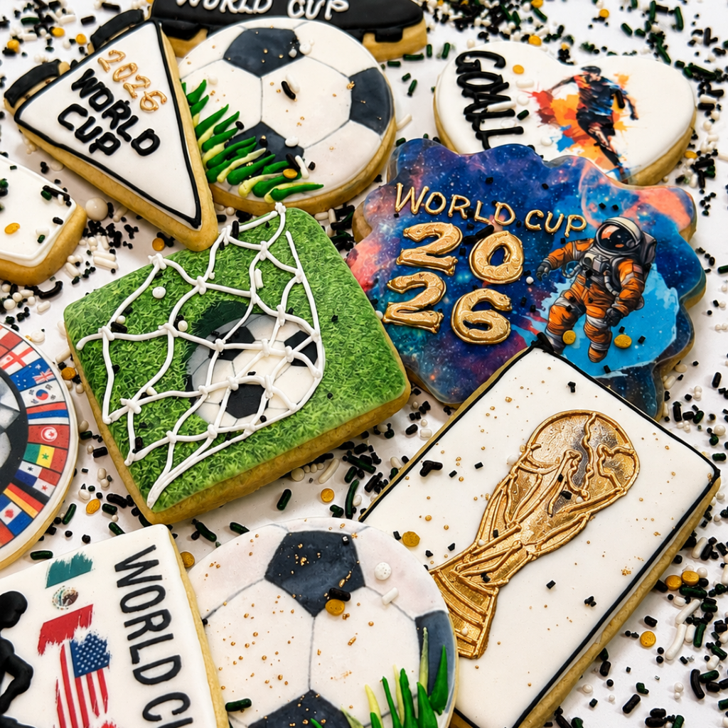 Assorted World Cup cookies with soccer and trophy designs.