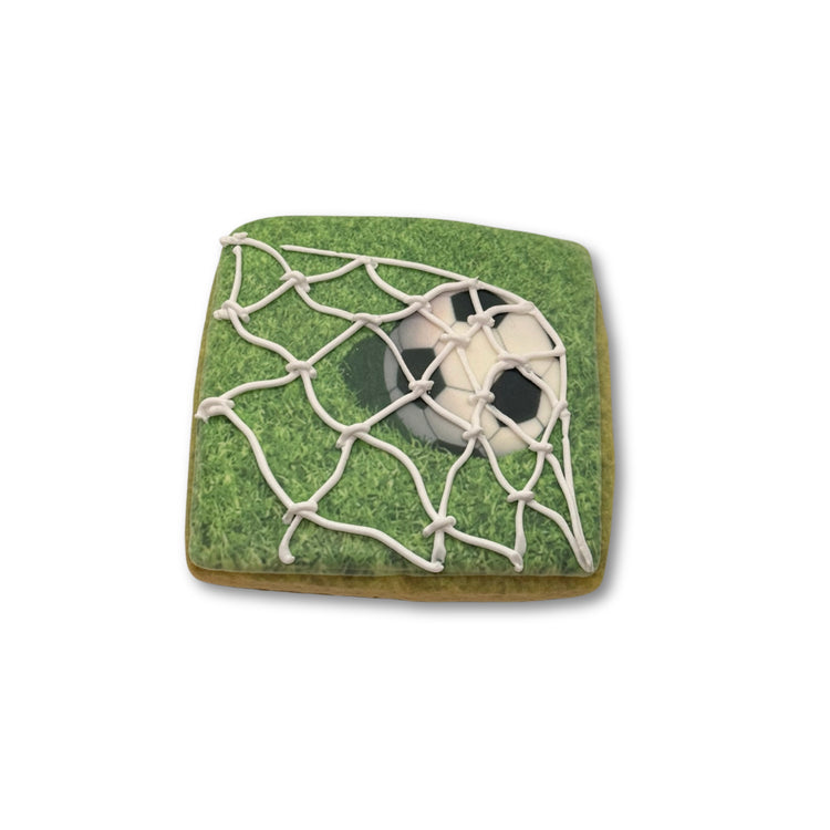 World Cup cookie with soccer ball and net icing design