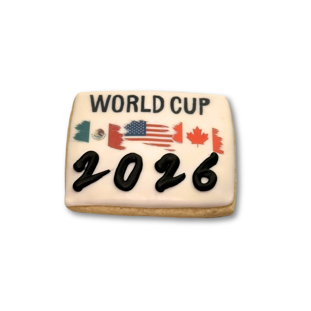 World Cup 2026 cookie with flags and black icing text