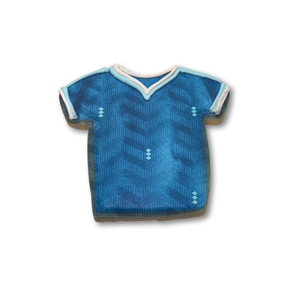 Blue World Cup jersey cookie with chevron pattern and white trim