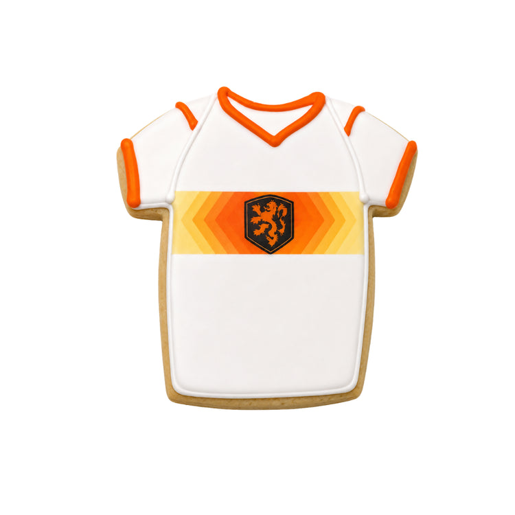 World Cup jersey cookie with orange lion crest and trim.