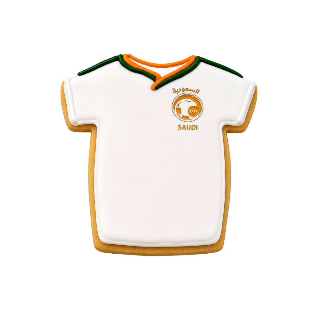 World Cup Saudi Arabia jersey cookie with white icing.