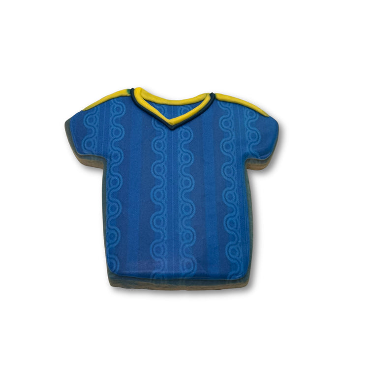 World Cup jersey cookie with blue stripes and yellow trim.