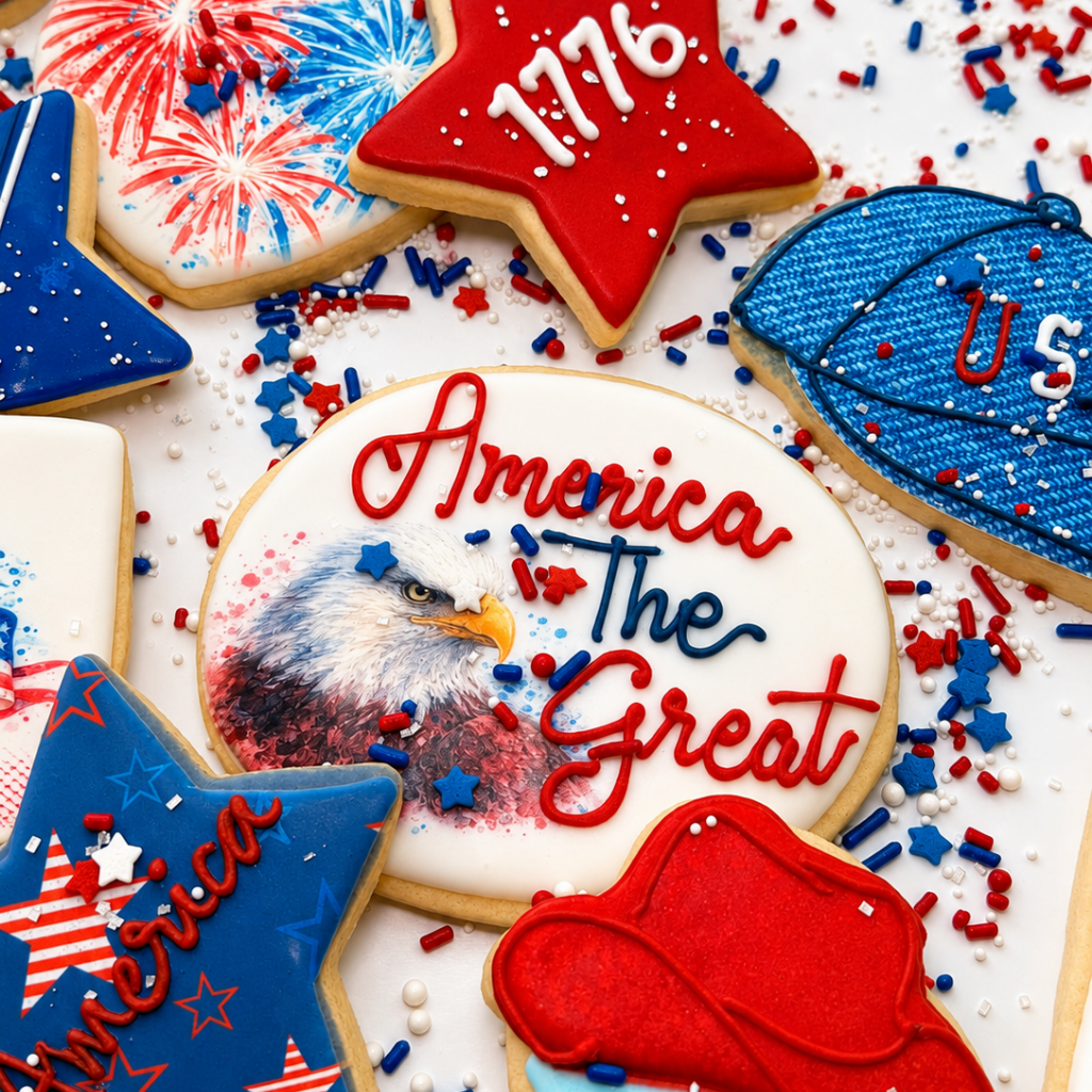 Assorted 4th of July cookies with patriotic icing designs.