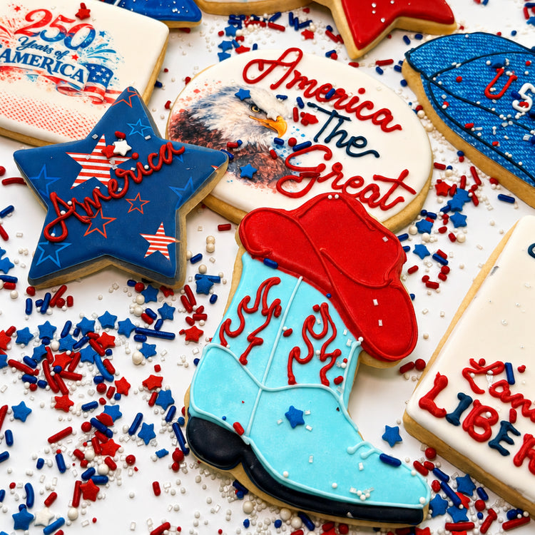 Assorted 4th of July cookies with patriotic icing designs